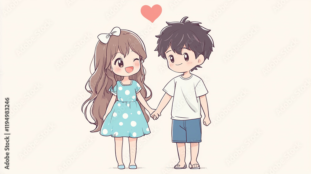 Cute Kawaii Couple Happily Holding Hands Cute Kawaii Couple Happily Holding Hands