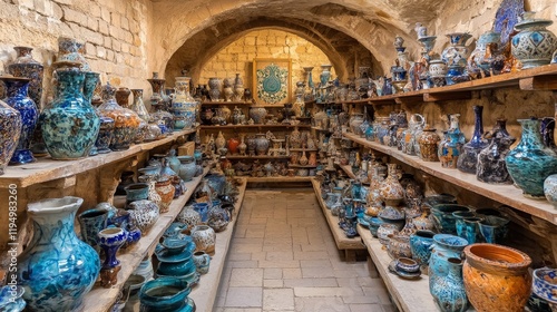 Traditional Egyptian Ceramics and Pottery on Display in a Historic Market, Cairo, Egypt photo