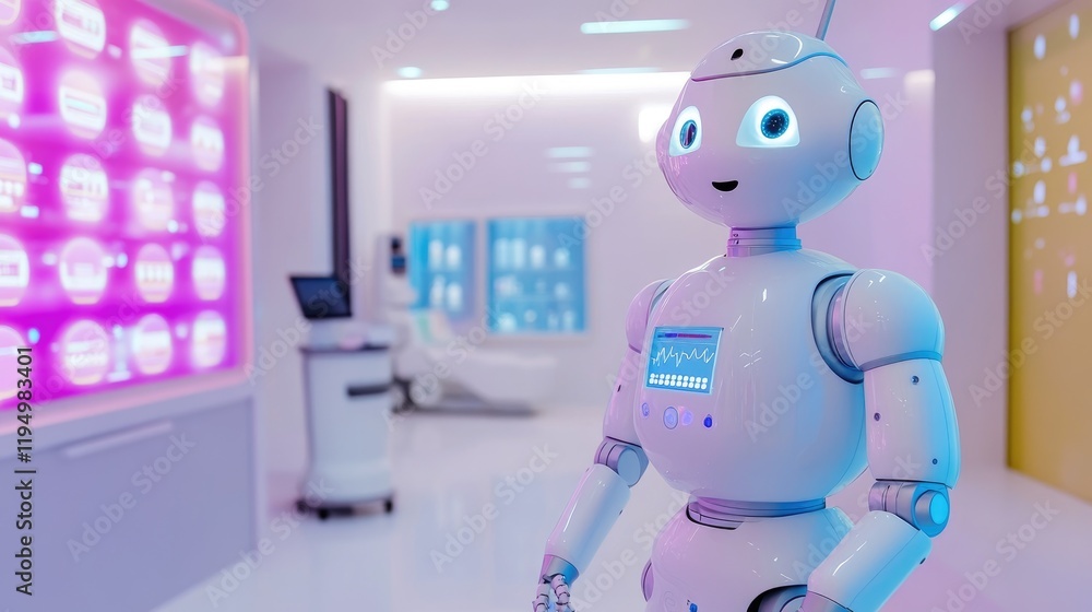 Fototapeta premium A friendly robot in a modern, brightly colored room presents a pill display, symbolizing innovation in healthcare technology and medication management.