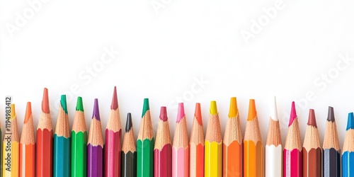 Vibrant assortment of colored pencils in a rainbow arrangement against a pure white background with ample copy space on the right side