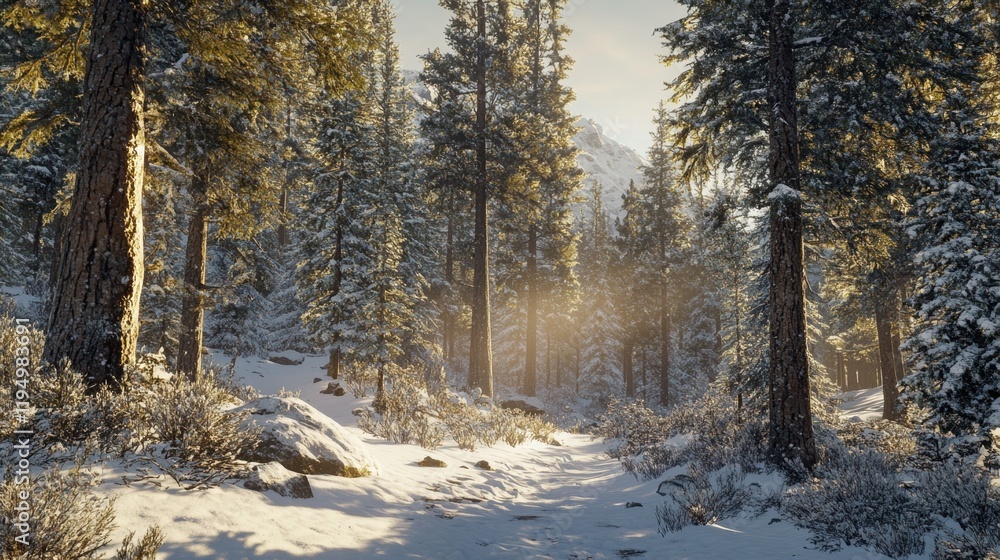 Majestic Winter Forest Scene with Sunlight Streaming Through Pine Trees, Snow-Covered Ground, and Ethereal Atmosphere in Nature's Tranquility
Majestic Winter Forest Scene with Sunlight Streaming Through Pine Trees, Snow-Covered Ground, and Ethereal Atmosphere in Nature's Tranquility