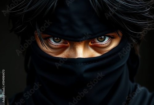 Intense Ninja Portrait Dark Eyes Black Mask Digital Art photo