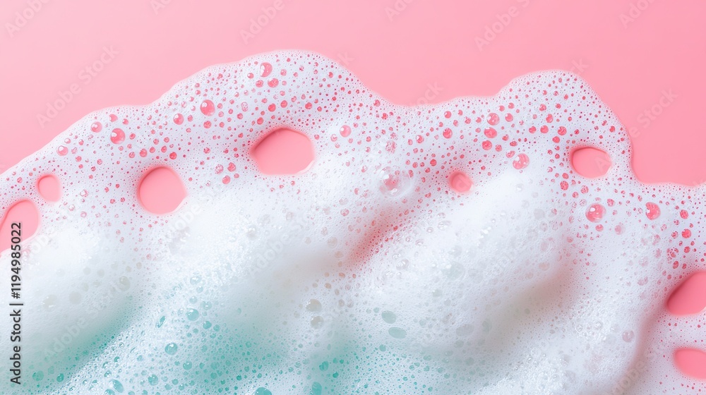Fototapeta premium Close-Up Macro Photo of Soap Foam and Bubbles on a Pink Background: Banner with Copy Space for Laundry, Cleaning Services, Beauty, and Skin Care Concepts