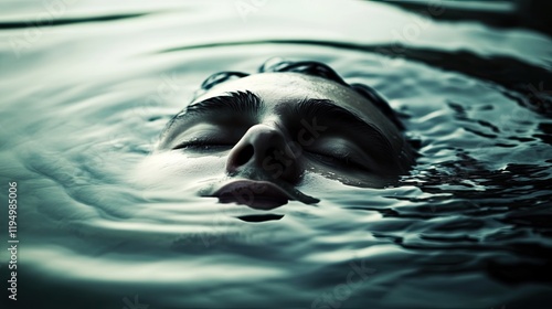 Calm face emerges from dark water, ripples creating serene atmos photo