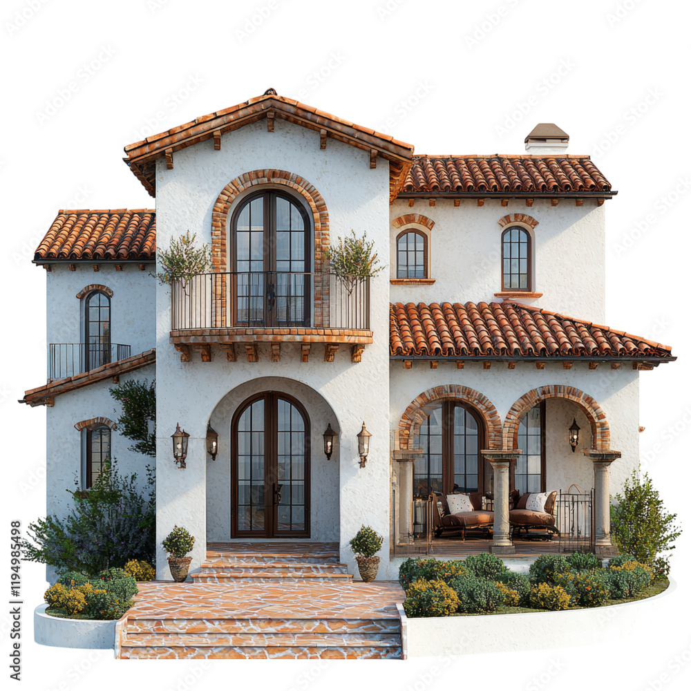 Elegant Mediterranean House with Charming Architecture Isolated on transparent background Elegant Mediterranean House with Charming Architecture Isolated on transparent background