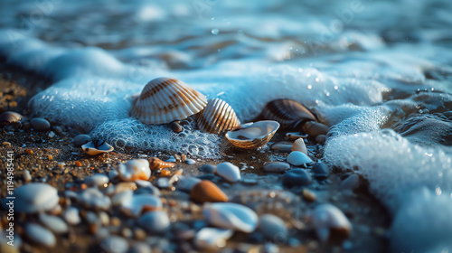Seashells on a sandy beach