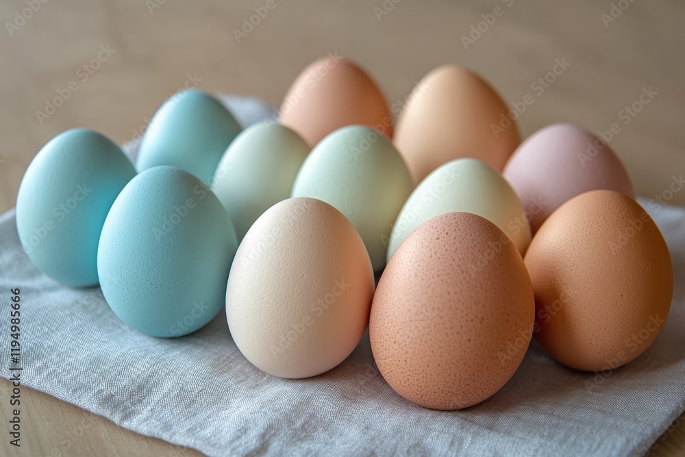Colorful eggs arranged artistically on soft fabric, showcasing p Colorful eggs arranged artistically on soft fabric, showcasing p