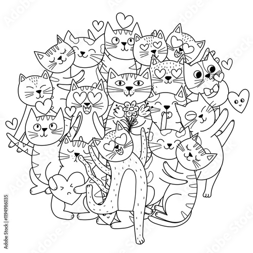 Cute romantic cats circle shape coloring page. Valentine's Day and Love feline characters mandala for coloring book. Vector illustration