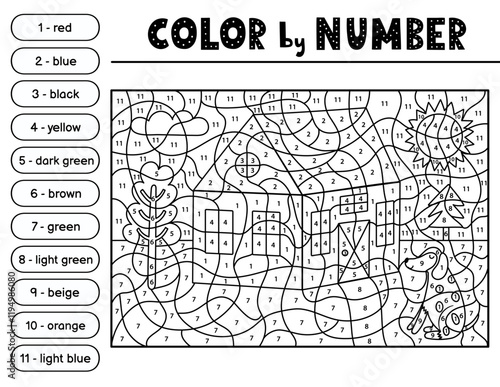 Color by number activity page in outline for kids with a house and a dog. Farm scene black and white puzzle game for school and preschool. Vector illustration