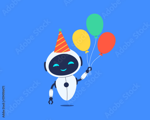 Cute smiling robot holding colorful balloons. Vector illustration for technology, AI or celebration designs