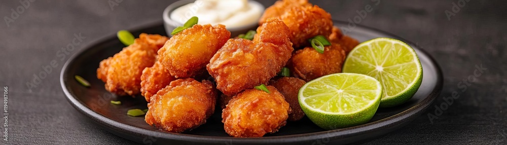 Golden-fried pork karaage on a plate with fresh lime and aioli Golden-fried pork karaage on a plate with fresh lime and aioli