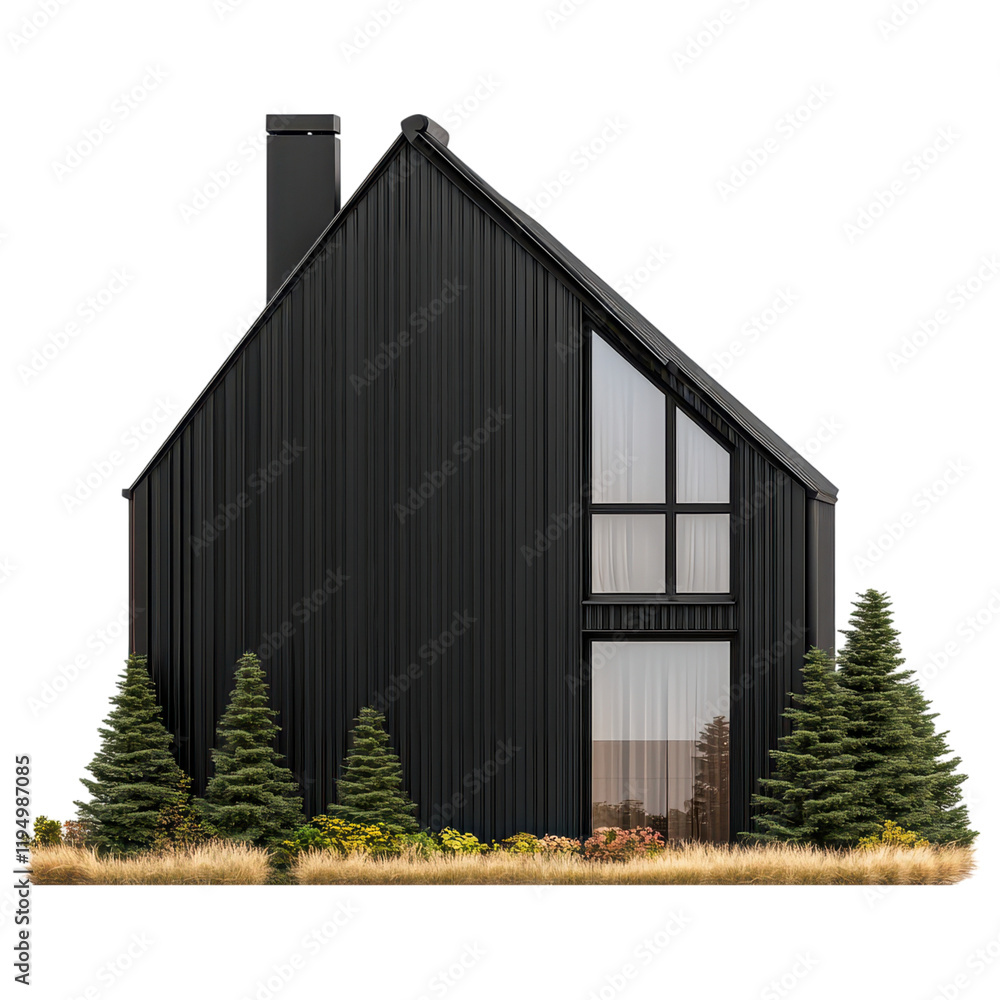 Fototapeta premium Passive House concept. Modern black house with large windows and surrounding greenery.