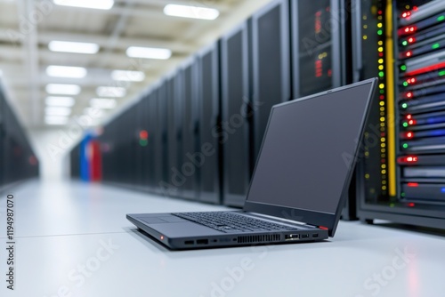 Wallpaper Mural A laptop is placed on a table in front of a row of servers. Concept of technology and productivity, as the laptop is likely being used for work or other tasks Torontodigital.ca