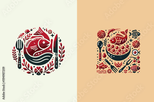 This is a red bundled fish logo suitable for logo design for seafood stalls, banners, flyers, businesses, Korean restaurants, seafood restaurants, fish traders