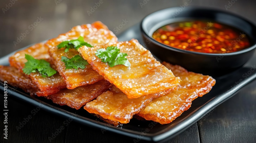 Pork cracklings served with a tangy vinegar and chili dipping sauce Pork cracklings served with a tangy vinegar and chili dipping sauce