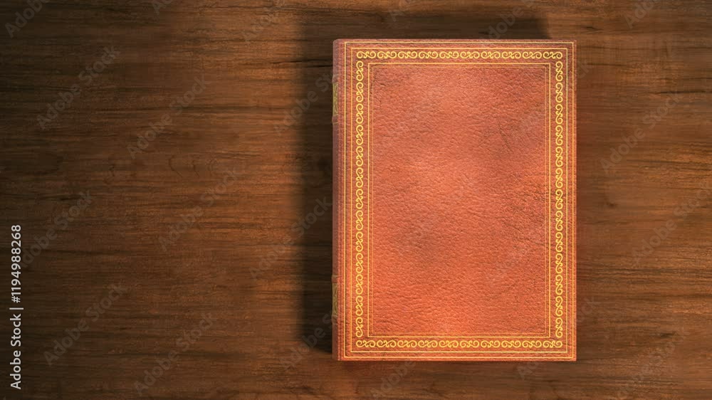 Leather covered book with ornaments lying on the table. Book opening with turning pages. Includes Mate for Transition.
Leather covered book with ornaments lying on the table. Book opening with turning pages. Includes Mate for Transition.