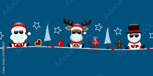 Banner Weihnachtsmann Rentier Und Schneemann Maske Mit Sonnenbrille Icons Dunkelblau Dunkelrot