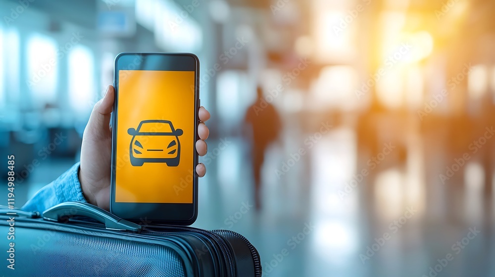 A smartphone resting against a suitcase, displaying a travel map with a bright yellow car icon, sunlit background of an airport terminal, soft watercolor illustration, the mood exciting and A smartphone resting against a suitcase, displaying a travel map with a bright yellow car icon, sunlit background of an airport terminal, soft watercolor illustration, the mood exciting and