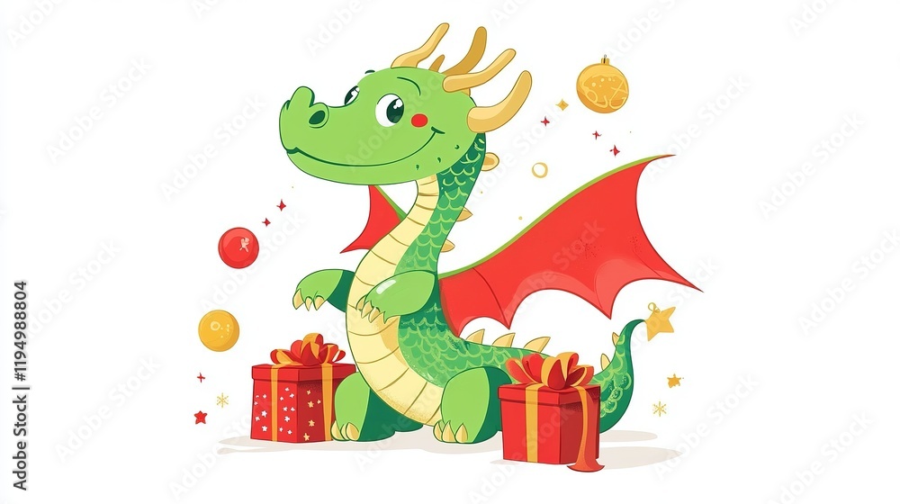 Fototapeta premium Cute Green Dragon with Gift Box in Kids Book Illustration Style