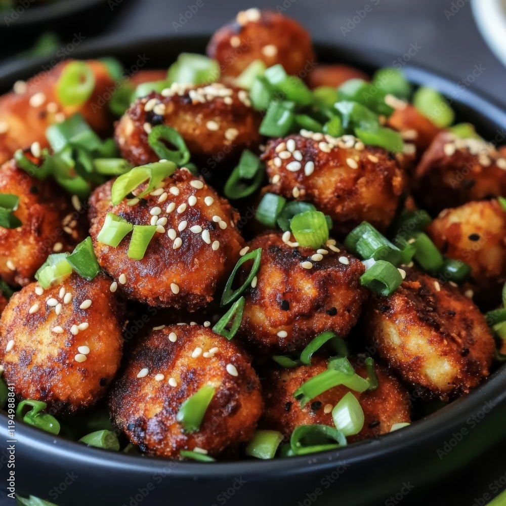 Spicy fried pork bites topped with sliced green onions and sesame seeds Spicy fried pork bites topped with sliced green onions and sesame seeds