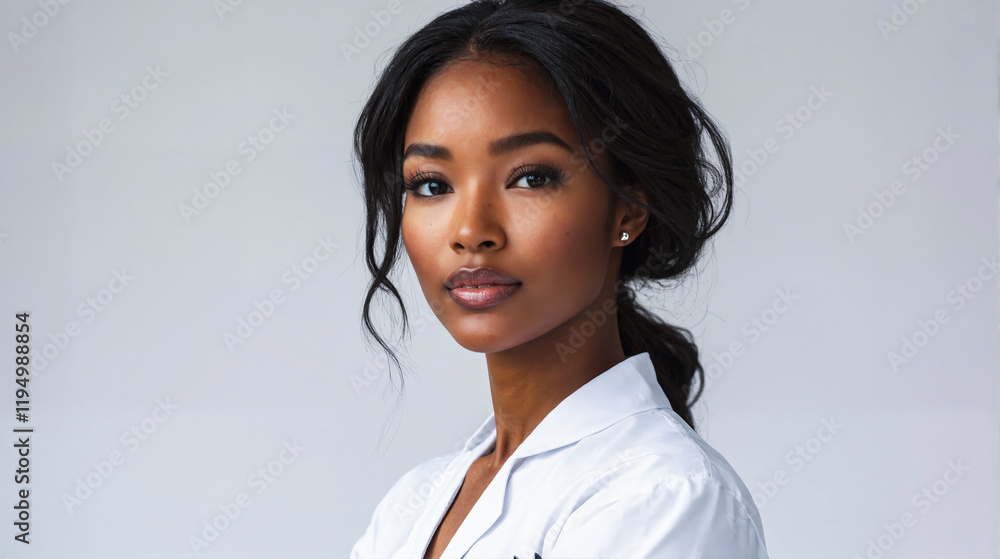 A woman with dark hair and a white lab coat. She is smiling and looking directly at the camera