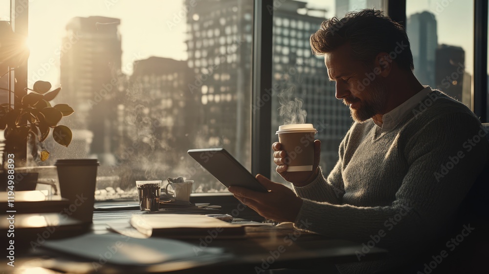 Happy smart causal businessman with tablet at office drinking coffee Happy smart causal businessman with tablet at office drinking coffee