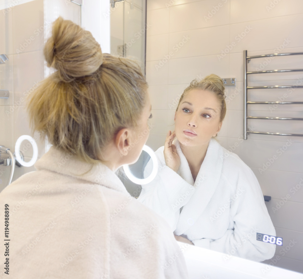 Fototapeta premium woman looking in the mirror in the bathroom and taking care of her skin.