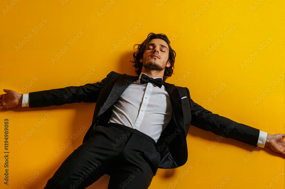 Naklejka premium A man in a suit and tie is laying on his back on a yellow wall. The man is wearing a black suit and a white shirt. He is wearing a black bow tie. The man is relaxed and comfortable in his attire