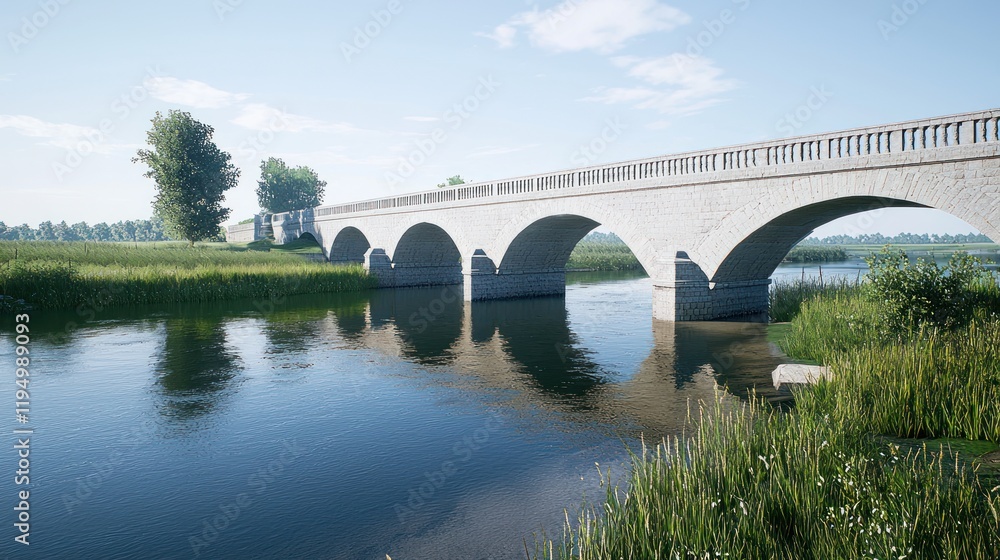 Scenic view of a stone bridge over a calm river surrounded by greenery. Scenic view of a stone bridge over a calm river surrounded by greenery.