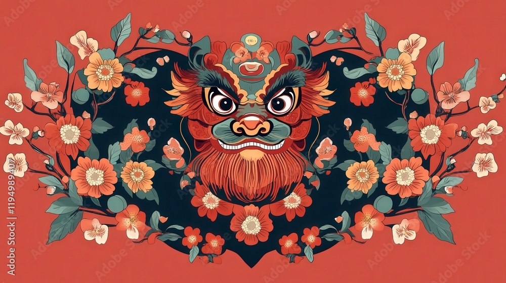 A festive Chinese New Year design with a traditional lion surrounded by floral branches. A festive Chinese New Year design with a traditional lion surrounded by floral branches.