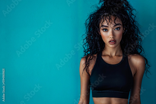 Wallpaper Mural Girl in a black top and curly hair. She looks at the camera with a serious expression, on a blue background, close-up. Generative AI. Torontodigital.ca