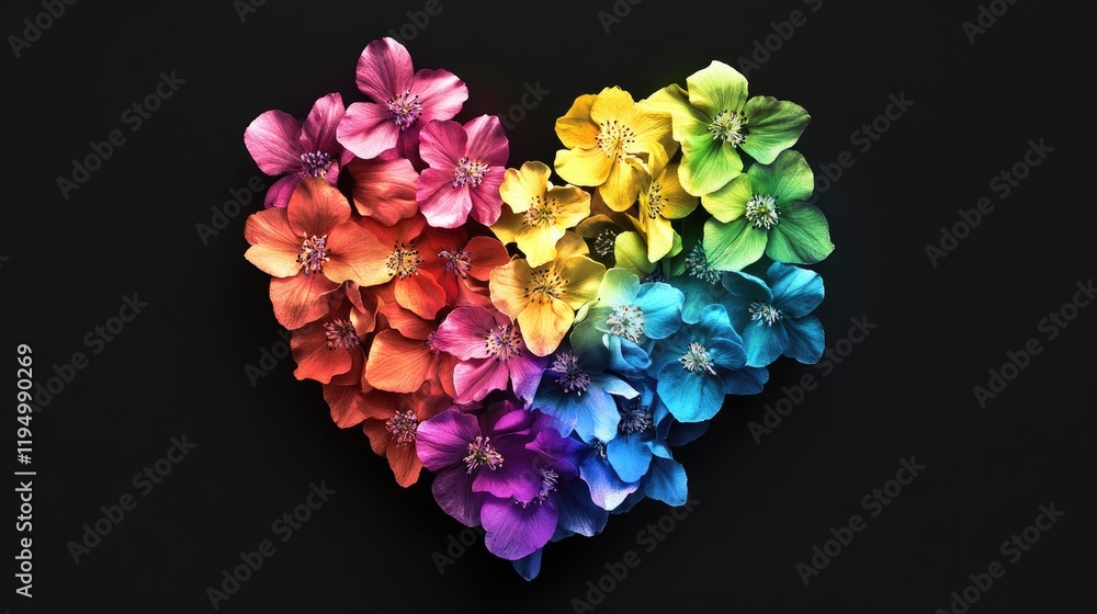 A heart made of rainbow-colored flowers on a black background, symbolizing LGBTQ pride, love, and inclusivity in a digital illustration. A heart made of rainbow-colored flowers on a black background, symbolizing LGBTQ pride, love, and inclusivity in a digital illustration.