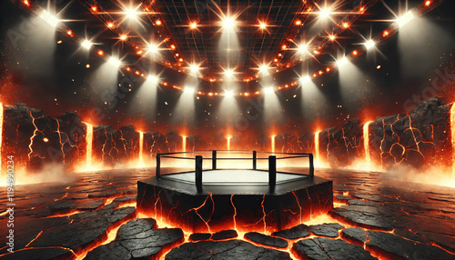 A highly realistic lava and fire-themed UFC-style MMA arena background focusing on dramatic and immersive lighting from the upper side photo