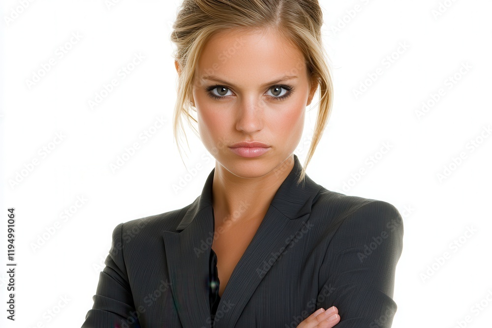 Confident Woman Standing with Arms Crossed in Professional Attire, Conveying Strength and Determination in a Bright Studio Environment Confident Woman Standing with Arms Crossed in Professional Attire, Conveying Strength and Determination in a Bright Studio Environment