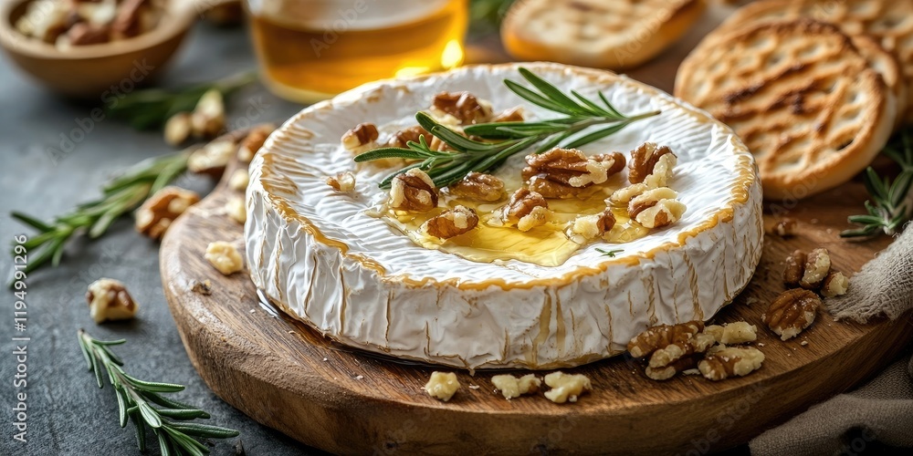 Baked camembert cheese topped with honey and walnuts on a wooden board with grilled baguette toasts and rosemary leaves against a rustic background Baked camembert cheese topped with honey and walnuts on a wooden board with grilled baguette toasts and rosemary leaves against a rustic background