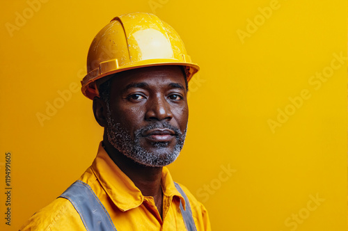 Wallpaper Mural A man in a yellow helmet stands on a yellow background, close-up. Generative AI. Torontodigital.ca