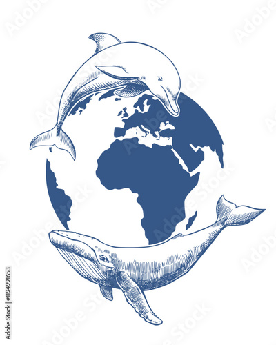 Vector emblem for Whale Day or Ocean Day. Line drawing of dolphin and humpback whale against the background of planet Earth. Concept of conservation of nature and diversity of marine mammals. photo