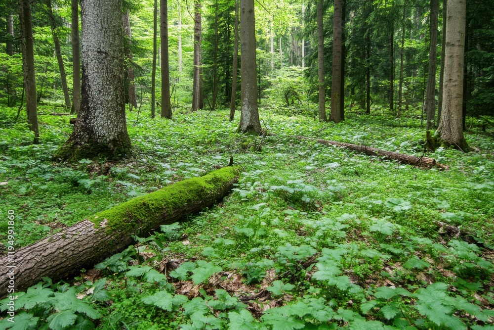 Fototapeta premium Vibrant and Lush: A Forest Replete with Healthy Green Trees, Where Ancient Spruce, Fir, and Pine Thrive