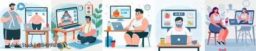 Fat Teenager Vector Set Attending Diet Class in Front of Laptop