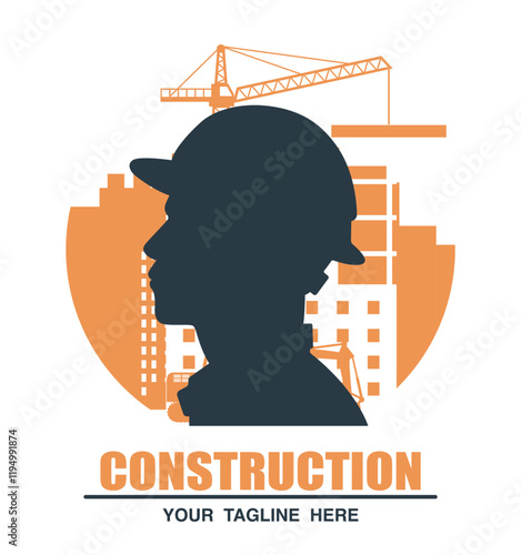 Silhouette of a builder against the background of a construction site. Logo for a construction company. Vector illustration.