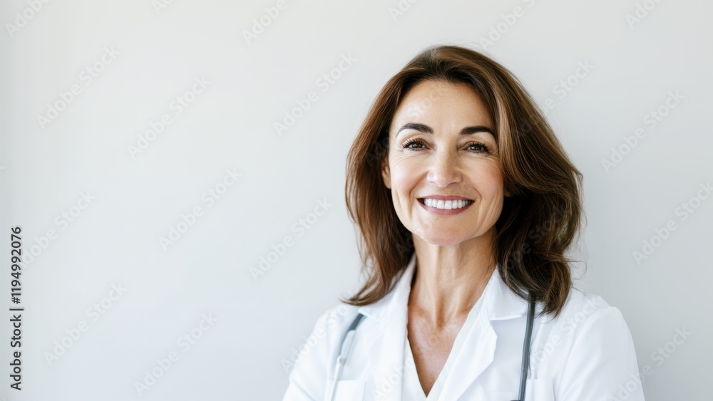 smiling female doctor in white coat with stethoscope on light background, professional medical worker smiling female doctor in white coat with stethoscope on light background, professional medical worker