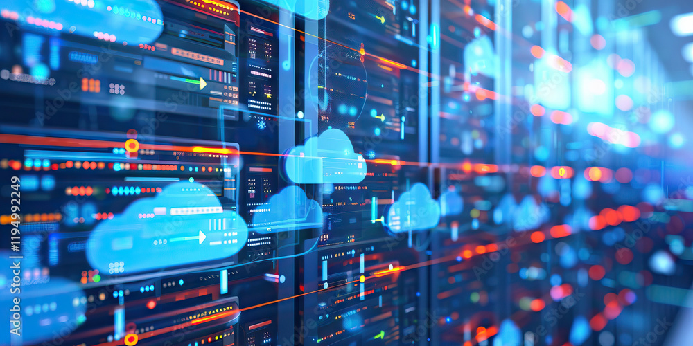 Fototapeta premium Data Flow Visualization in Server Rack with Cloud Icons