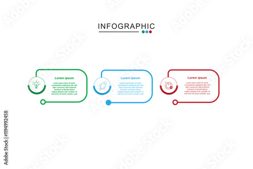 3 Steps Infographics Design Template - Graph, Pie chart, workflow layout, squire diagram, brochure, report, presentation, web design. Editable Vector