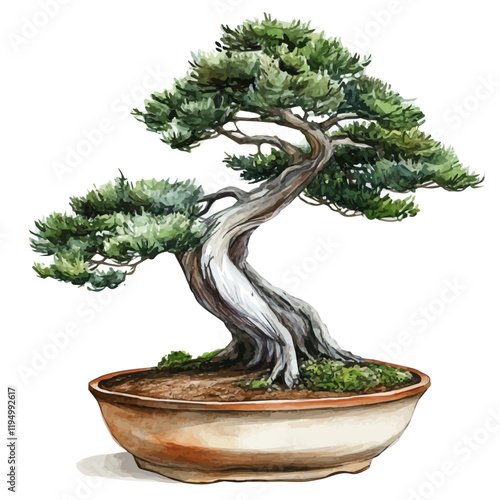 A watercolor vector painting of an Atlas Cedar Bonsai, isolated on a white background. Atlas Cedar Bonsai vector.

