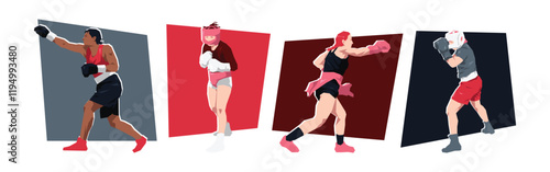 Set of female boxer. boxing athlete character. Isolated on white background. Flat vector illustration.