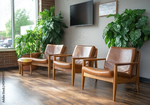 Stylish Retro Lounge with Leather Chairs, Wooden Flooring, and Abundant Indoor Plants, Creating a Warm and Inviting Atmosphere