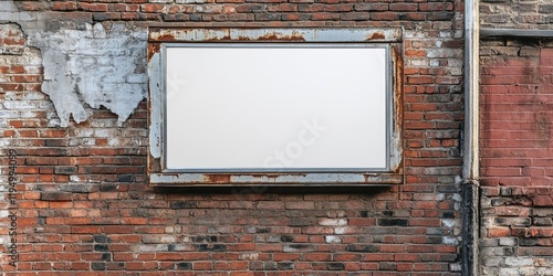 Blank aluminum sign on weathered brick wall with rust accents, featuring empty white space for text, positioned centrally for visibility. photo