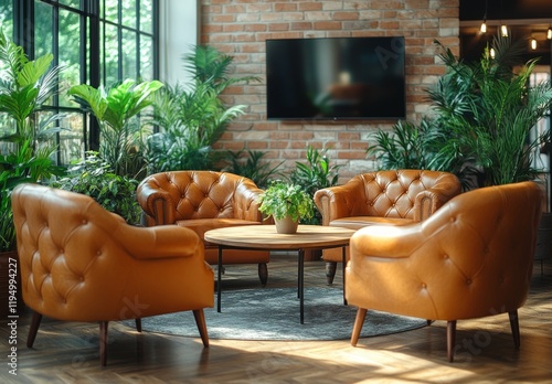 Comfortable and Trendy Living Room Design Featuring Leather Lounge Chairs, Greenery, and a Bright, Sunlit Interior