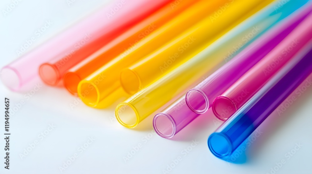 Colorful transparent tubes arranged in a row, bright hues of pink, yellow, orange, purple, suitable for art or science projects.