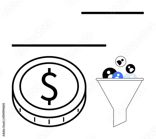 Coin with dollar symbol next to a funnel processing colorful elements. Ideal for finance, data filtering, monetization, decision-making, analytics, organization, abstract line flat metaphor